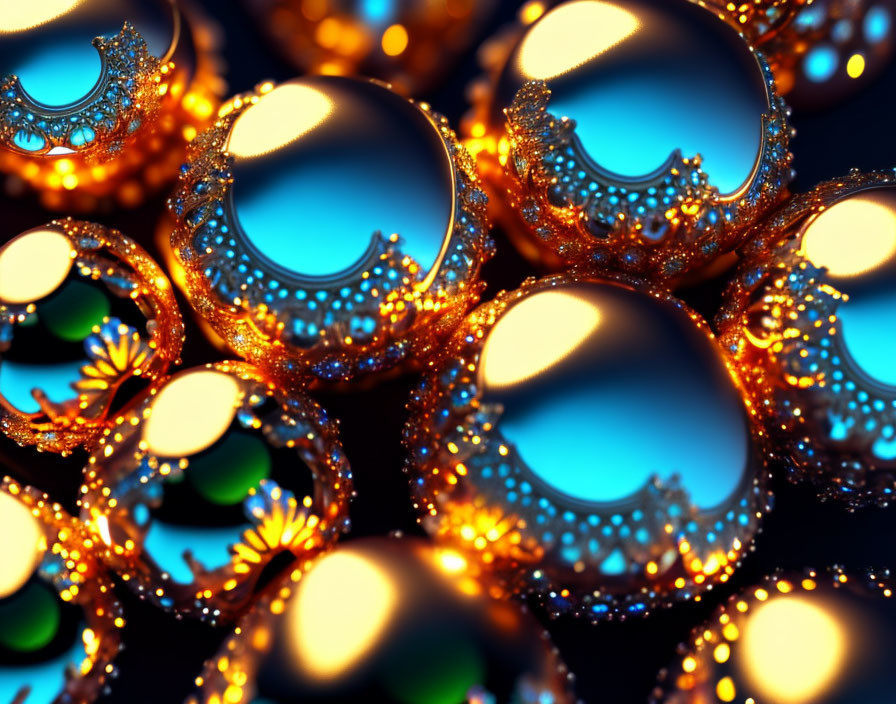 Intricate Glowing Fractal Spheres on Reflective Surface