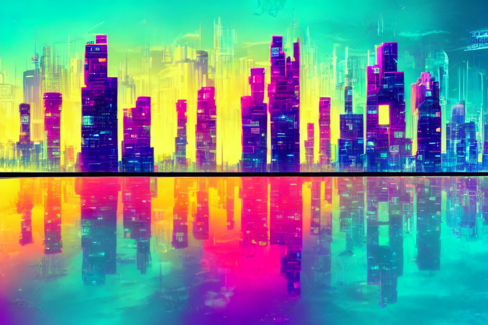 Neon-colored futuristic cityscape reflected on water