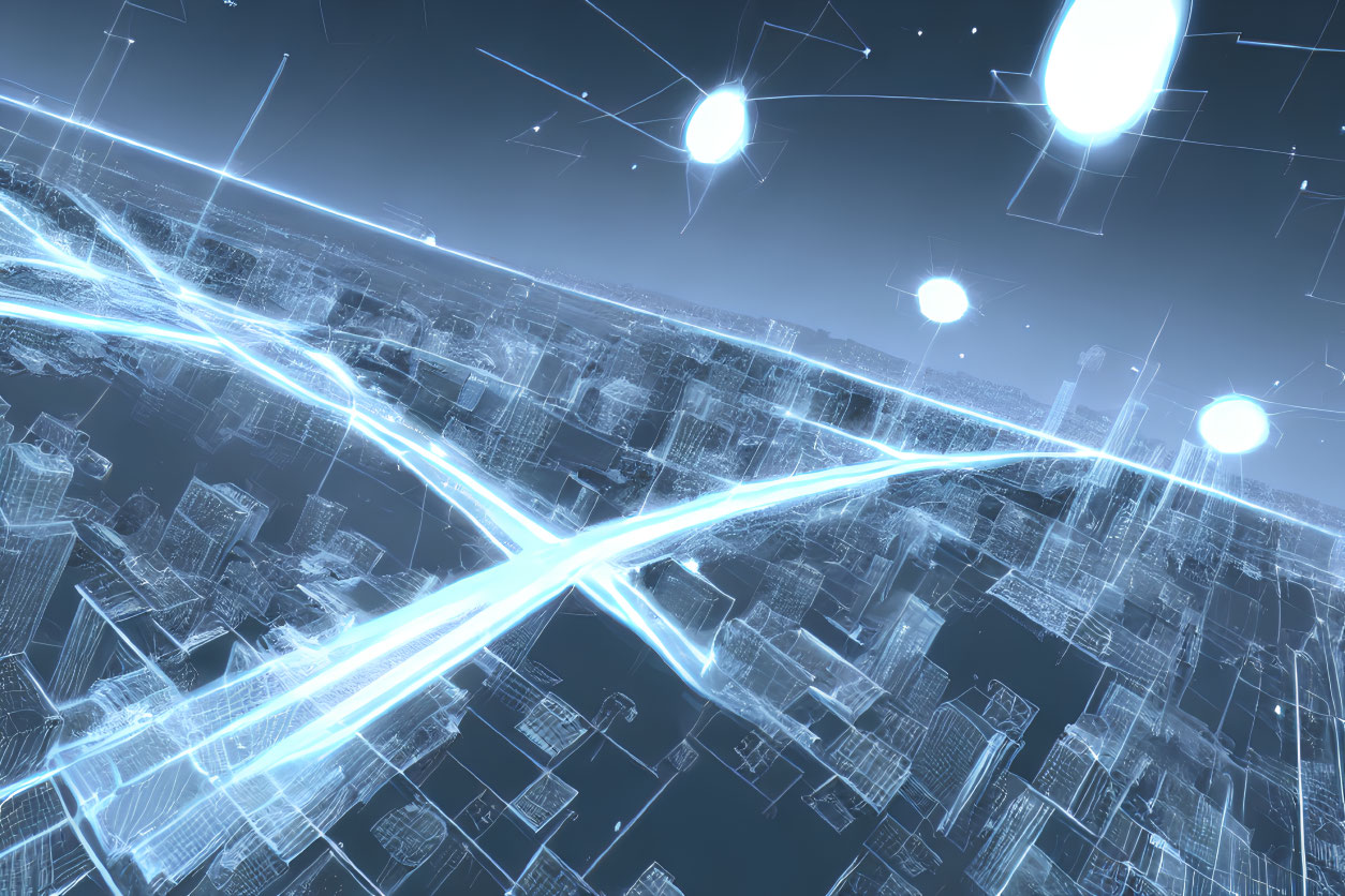 Futuristic cityscape with glowing blue data streams and bright connection points