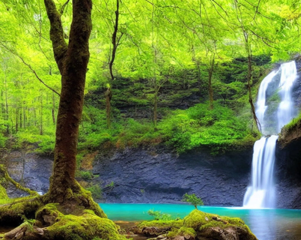Tranquil waterfall in lush green forest with vibrant blue waters