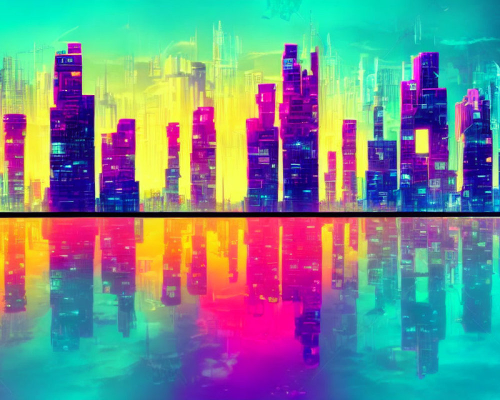Neon-colored futuristic cityscape reflected on water