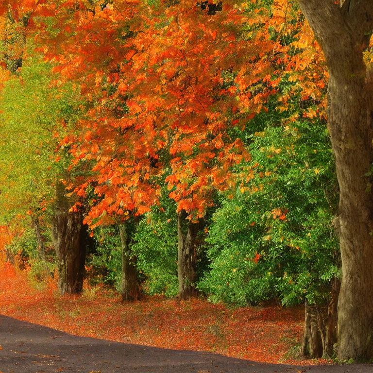 Vibrant autumn scene: curved road, orange and red tree leaves.