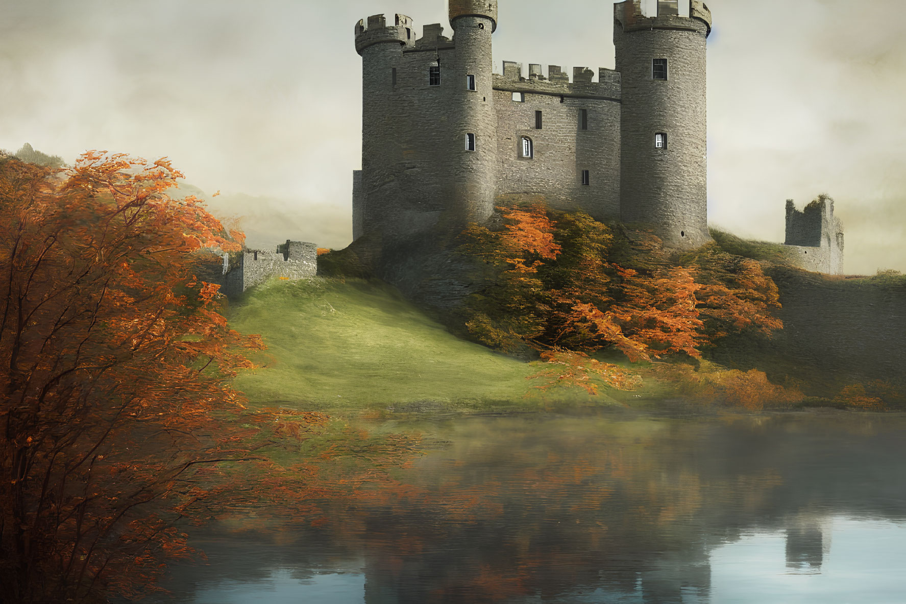 Stone castle with towers overlooking tranquil lake and autumn trees under golden sky