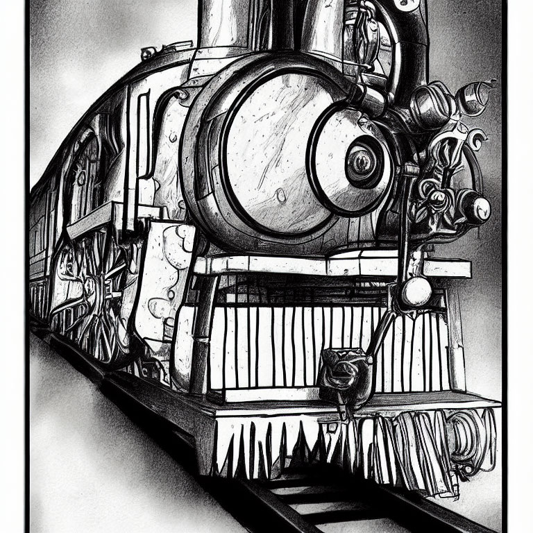 Detailed monochrome vintage steam locomotive sketch with front cowcatcher and mechanical elements in motion.