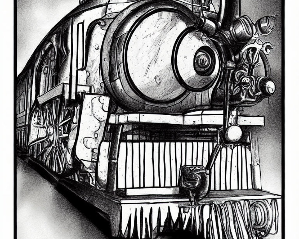 Detailed monochrome vintage steam locomotive sketch with front cowcatcher and mechanical elements in motion.