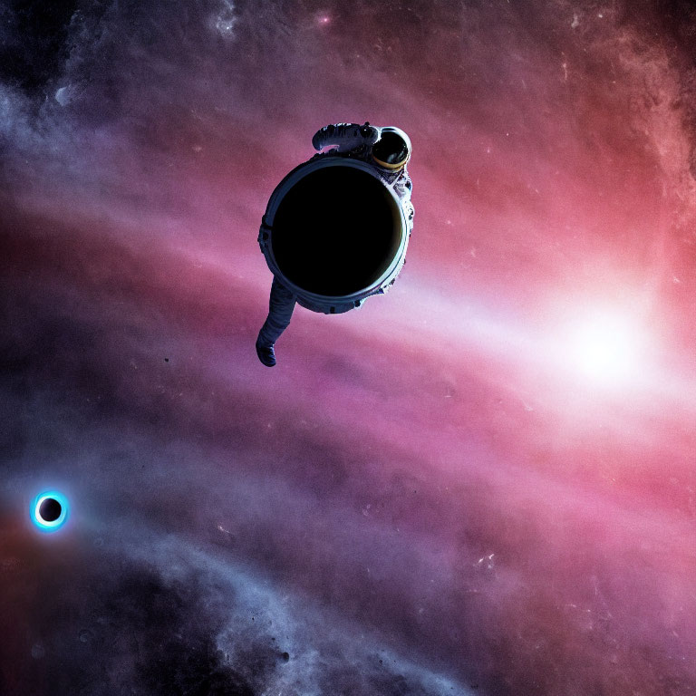 Astronaut floating in space with vivid nebula and distant planet
