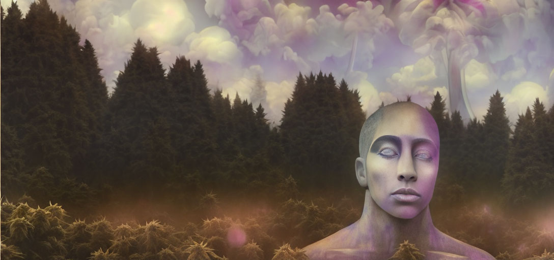 Woman's face emerges from forest under purple sky with swirling clouds