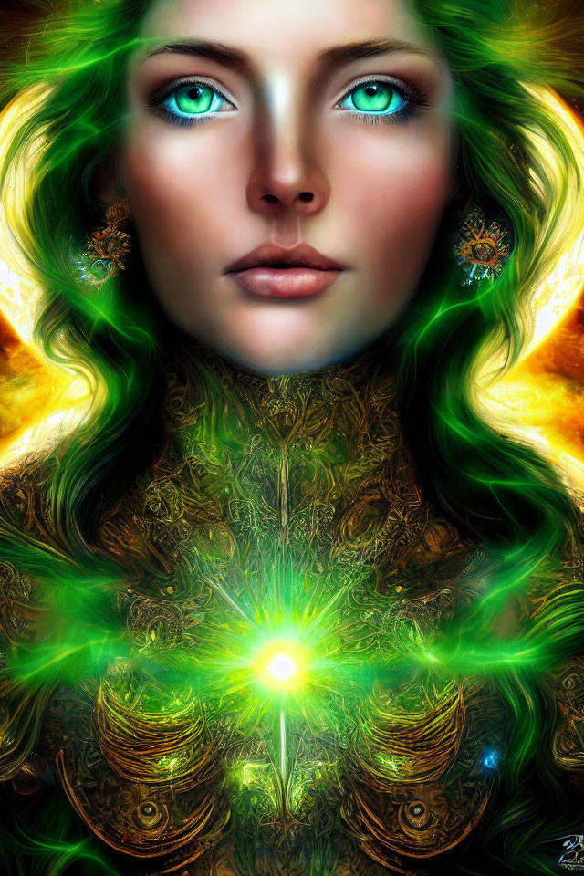 Vibrant digital portrait of a woman with green eyes and glowing hair