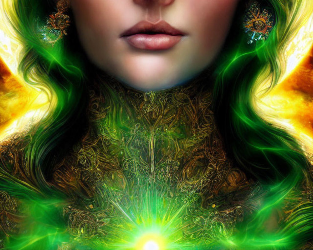 Vibrant digital portrait of a woman with green eyes and glowing hair