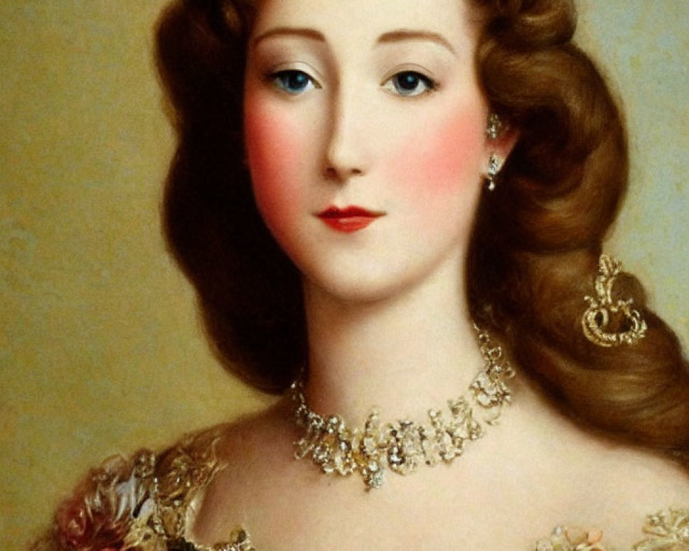 Woman Portrait: Elaborate Hairstyle, Tiara, Rose-Adorned Dress
