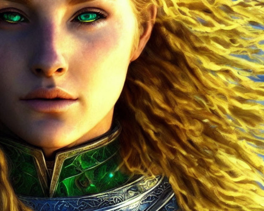 Female character with long blonde hair and green eyes in silver armor with green accents