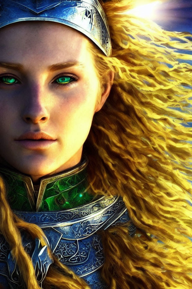 Female character with long blonde hair and green eyes in silver armor with green accents