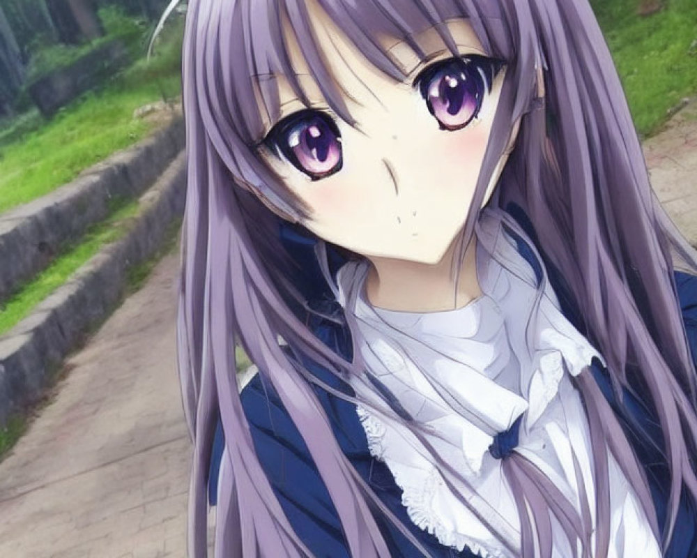 Anime girl with purple hair in blue school uniform superimposed on park pathway with trees