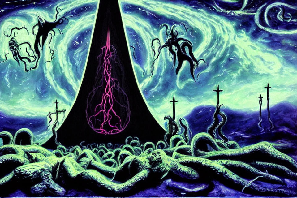 Dark Tower with Pink Glow Surrounded by Stormy Sky, Tentacles, and Ethereal Figures