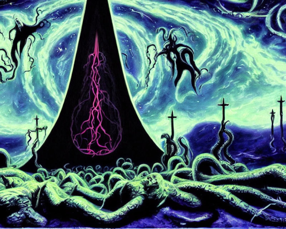 Dark Tower with Pink Glow Surrounded by Stormy Sky, Tentacles, and Ethereal Figures