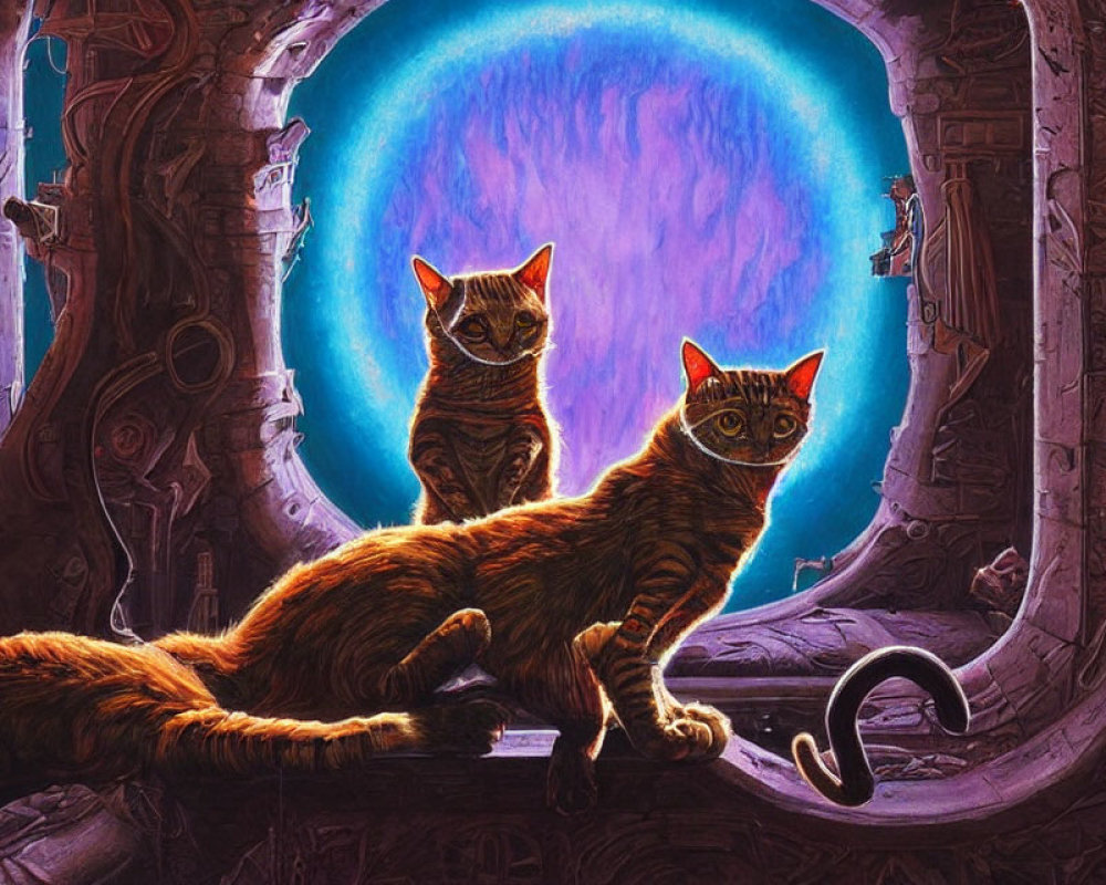Two Cats in Sci-Fi Room with Glowing Blue Portal