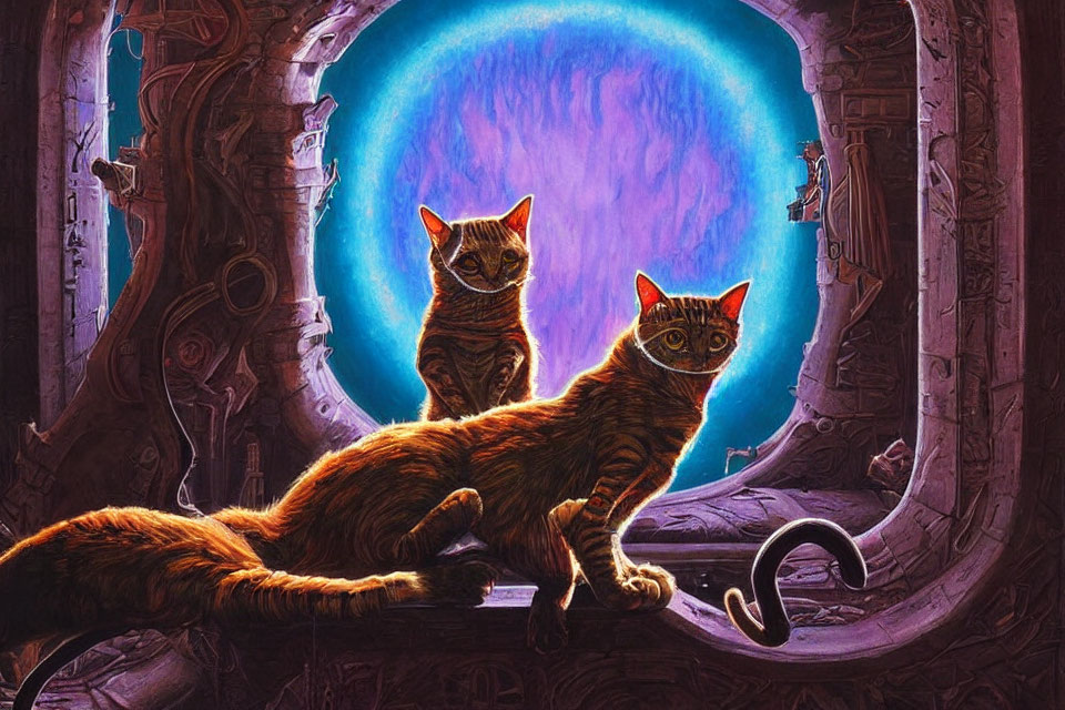 Two Cats in Sci-Fi Room with Glowing Blue Portal