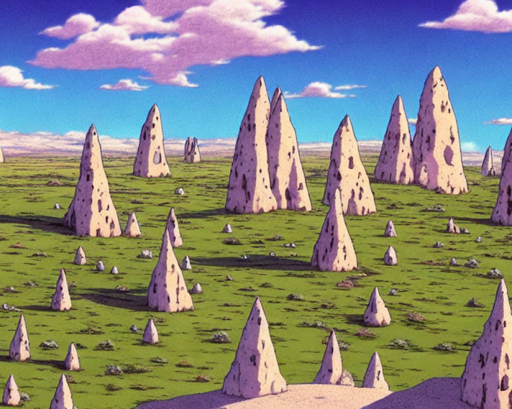 Surreal landscape with tall, pointed rock formations on grassy plain