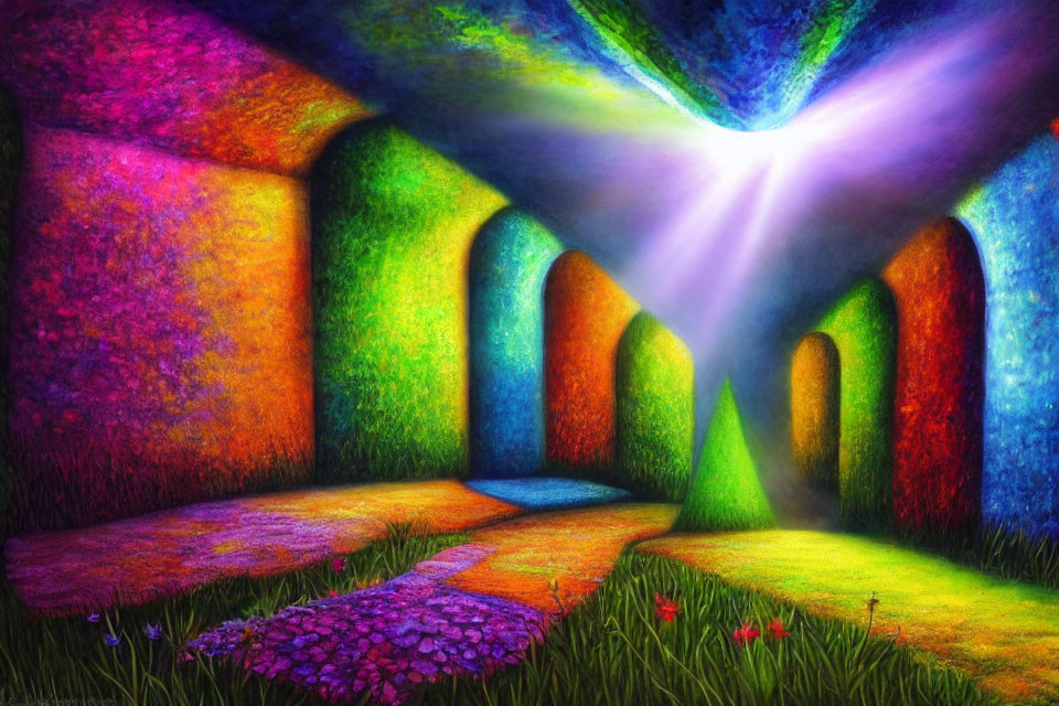 Colorful arched pathways in vibrant fantasy landscape under starry sky