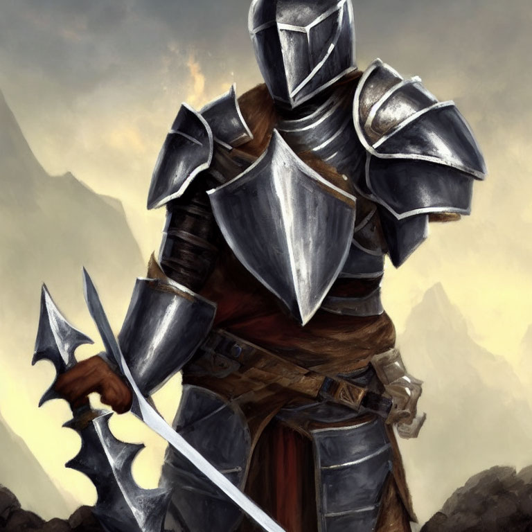 Medieval knight in armor with sword and axe against cloudy sky.
