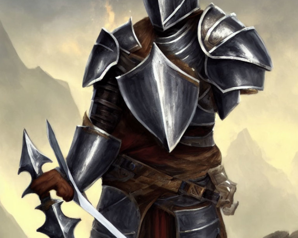 Medieval knight in armor with sword and axe against cloudy sky.