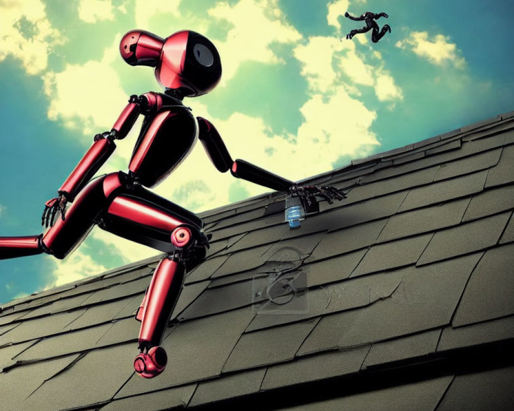 Red robot on shingled rooftop under blue sky with drone outreach