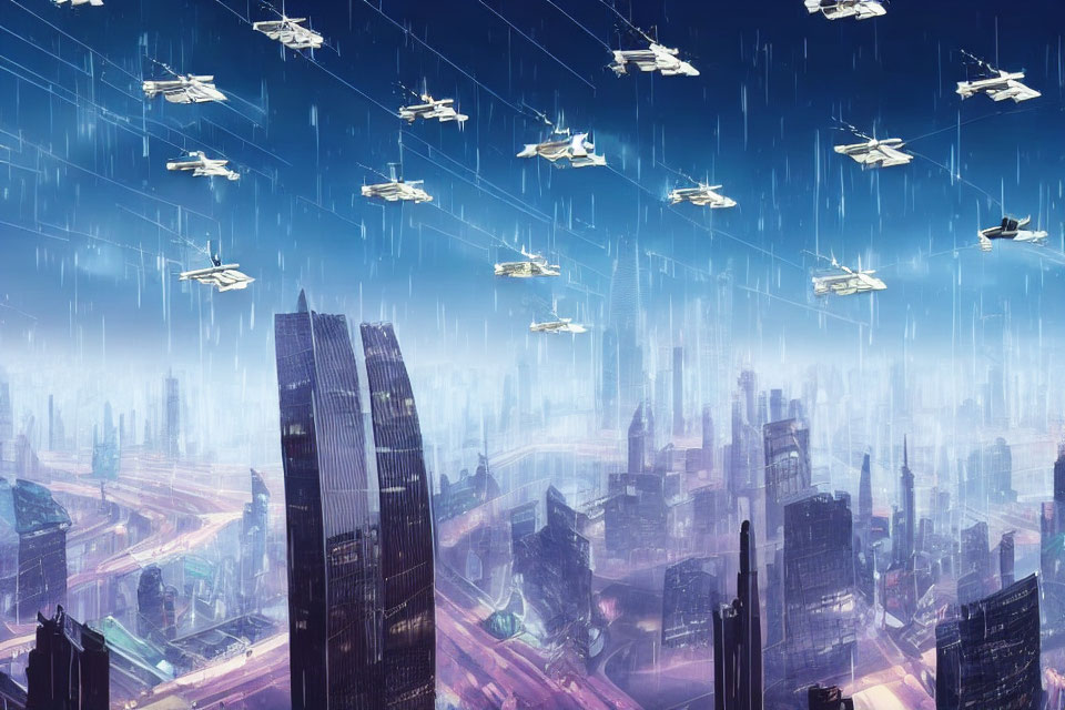 Futuristic night cityscape with flying cars, skyscrapers, neon lights, and heavy rain