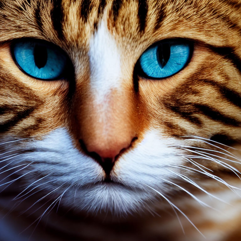 Domestic cat with blue eyes and striped fur close-up.