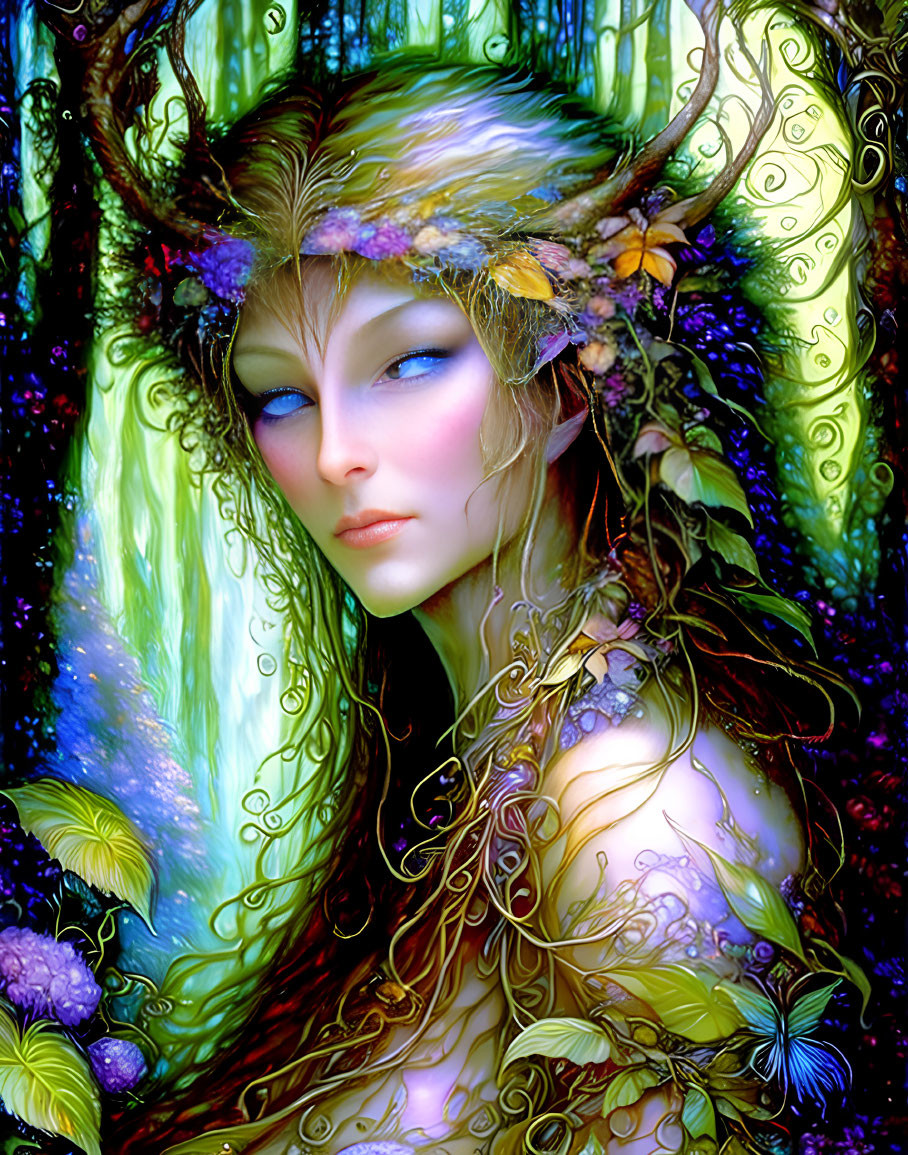 Mythical female creature with antlers in lush forest setting