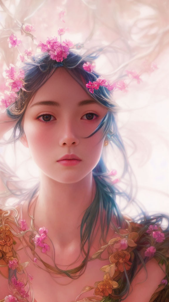Digital artwork: Woman with blue-tinted hair and pink flowers, serene gaze, soft glowing background