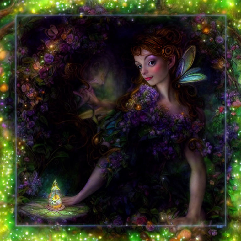 Illustration of fairy with butterfly wings in violet floral setting with lantern