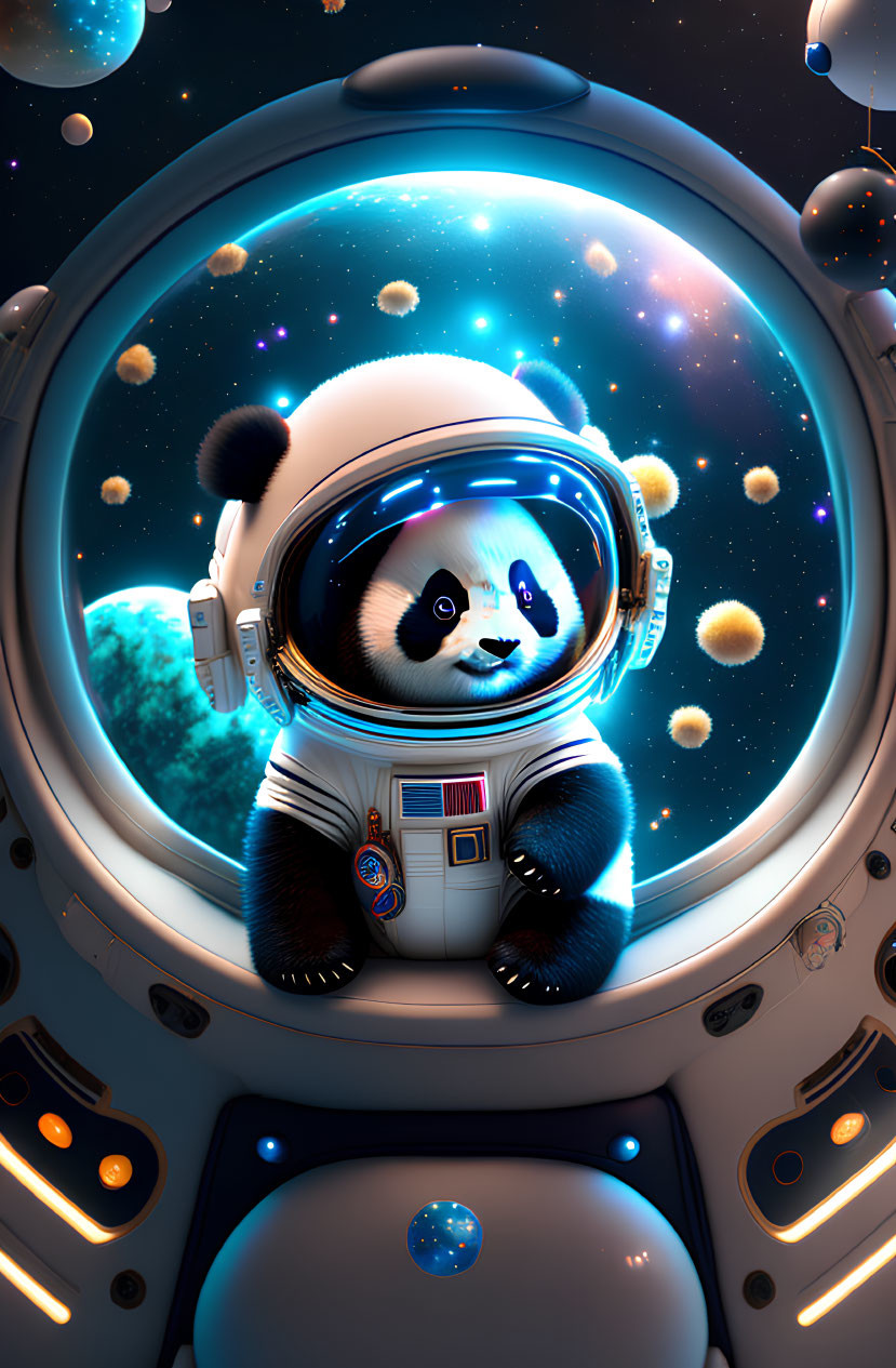 Cute panda astronaut in space suit in spacecraft with stars view
