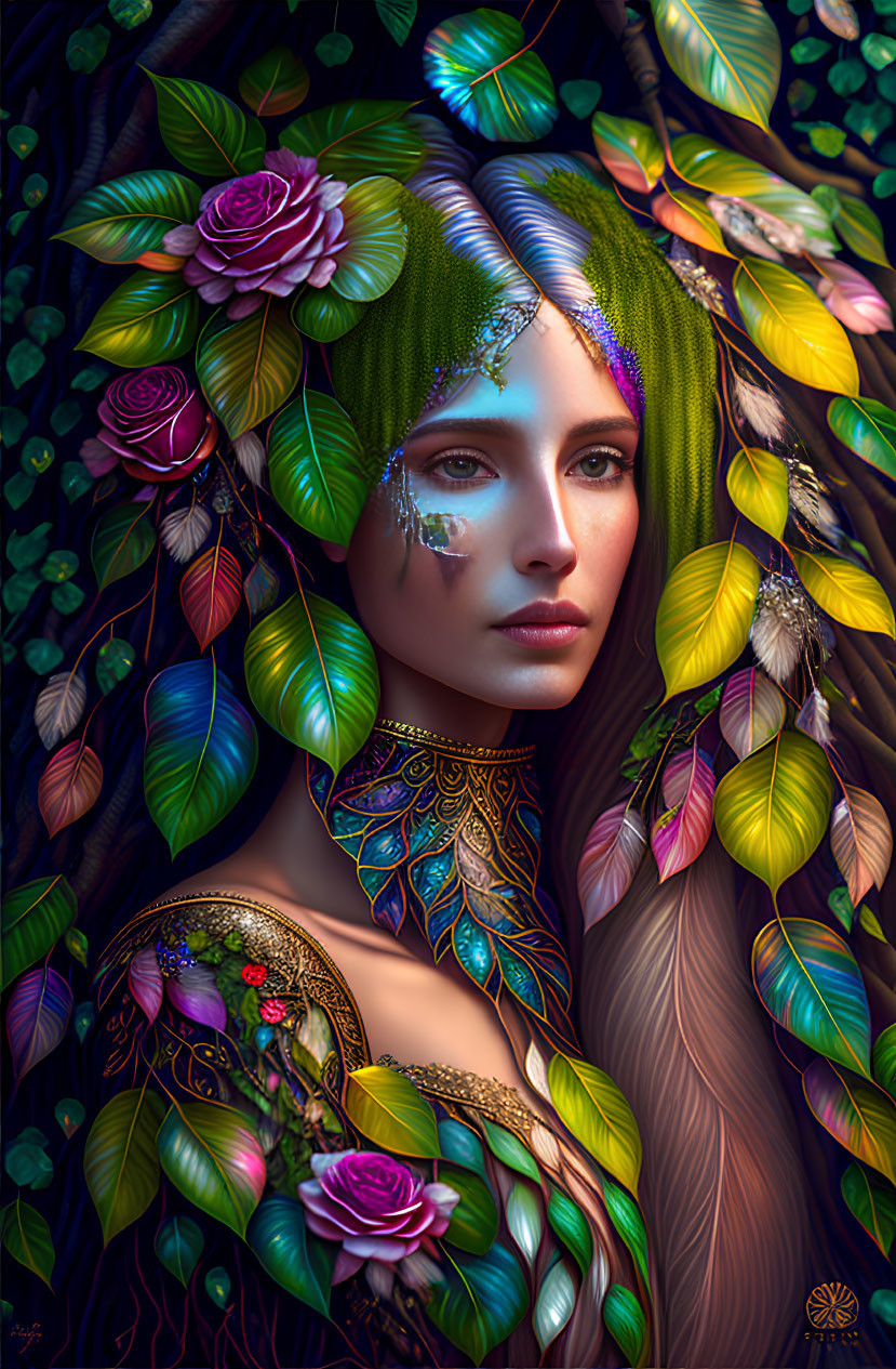 Vibrant floral and feather details adorn a woman in a fantastical portrait