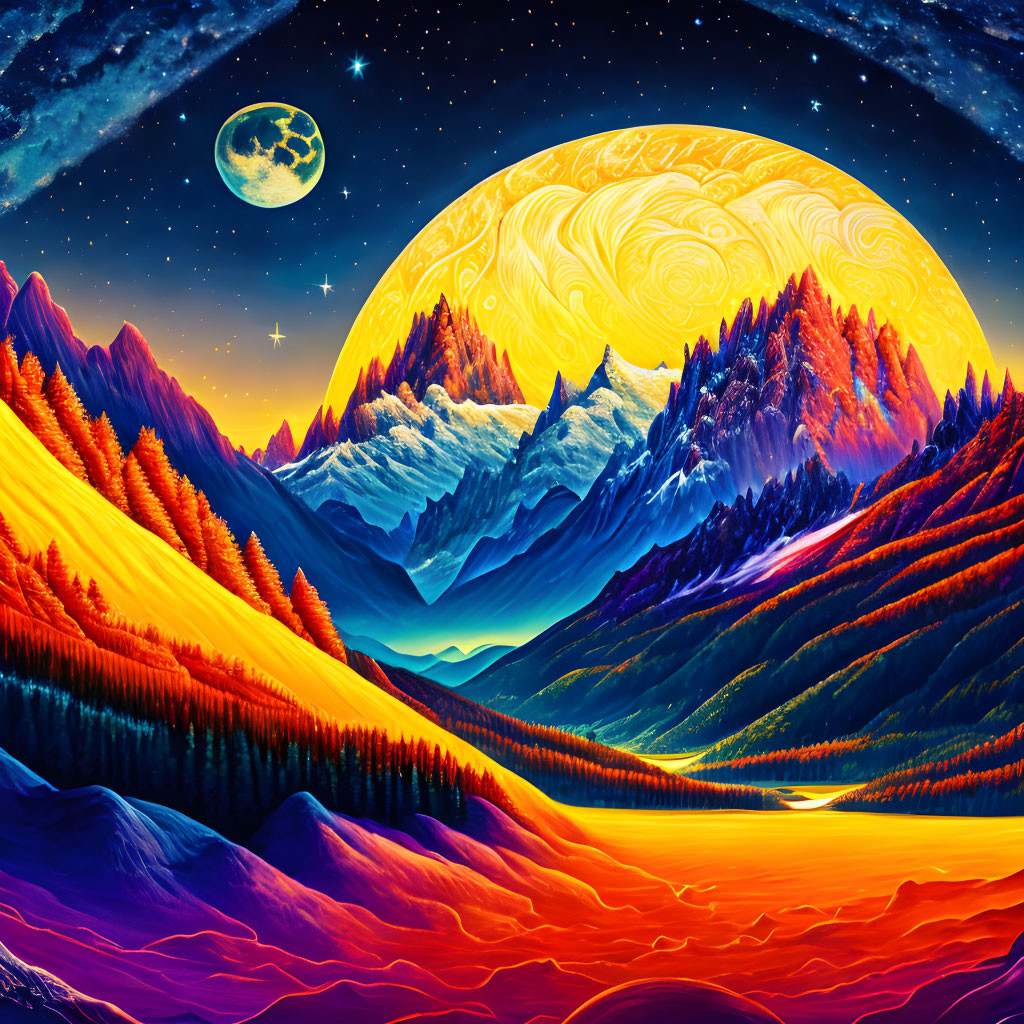 Colorful surreal landscape with swirling moon and snow-capped mountains