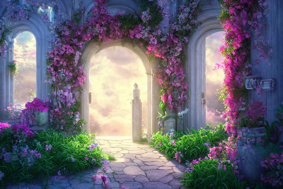 Enchanting archway with pink flowers over mystical glowing landscape