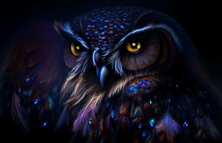 Vividly colored owl with yellow eyes and iridescent spots on dark background