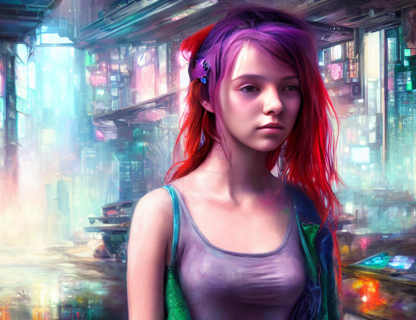Red-haired woman with purple hair accessory in front of neon-lit futuristic cityscape