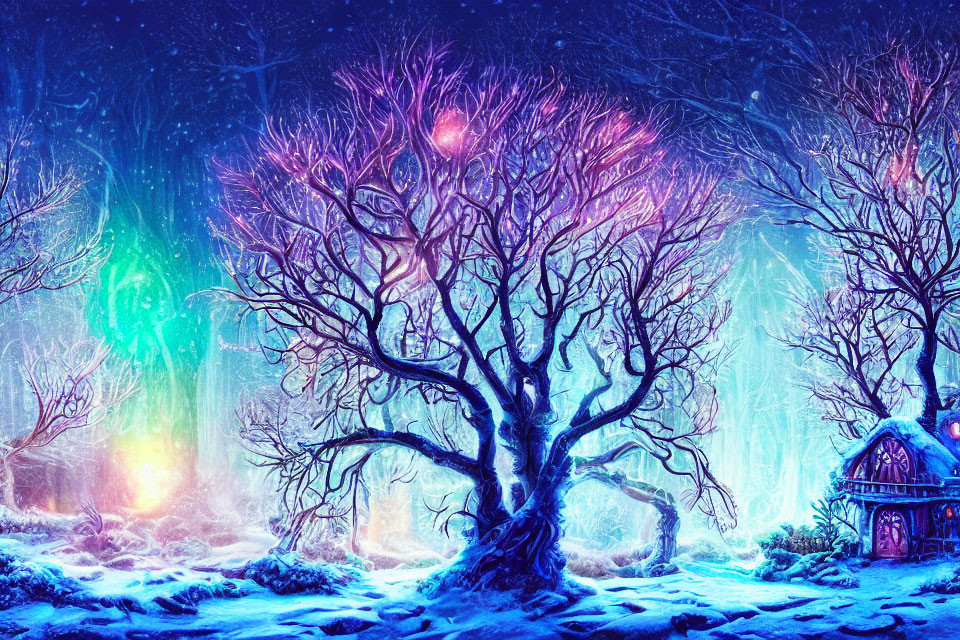 Enchanted winter scene with glowing tree and aurora skies