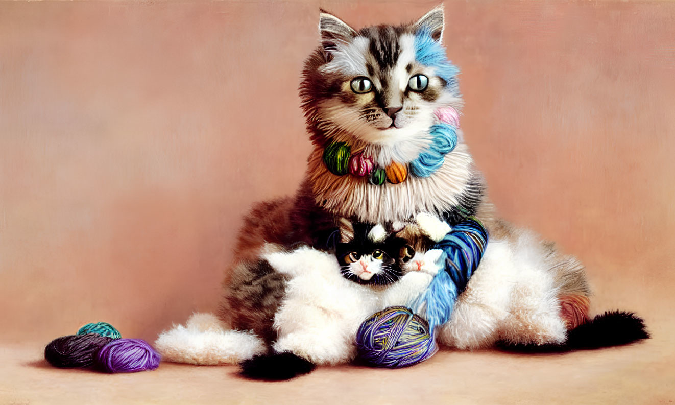 Digital artwork featuring two cats in human-like poses, one wearing a colorful yarn ball collar.