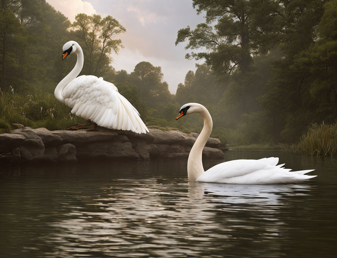 Swans by serene misty lake with forested banks