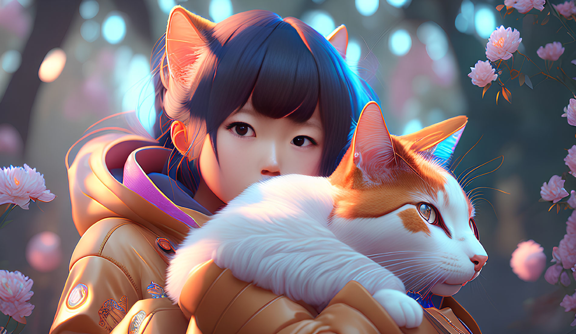 Blue Cat-Eared Girl with White and Orange Cat in Pink Blossom Setting