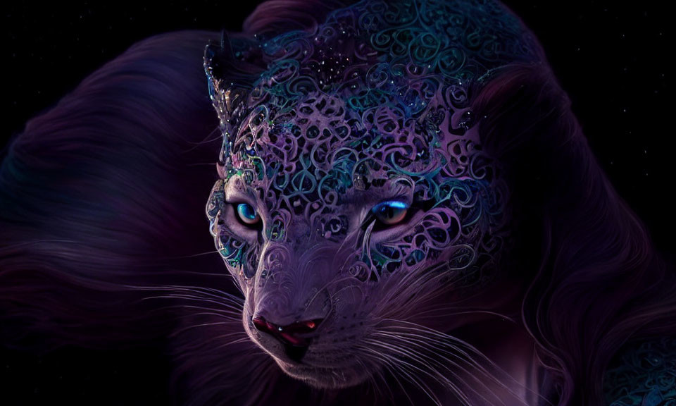 Purple leopard with blue patterns and headpiece on starry night background