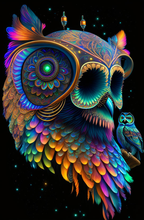Colorful Psychedelic Owl Artwork Against Cosmic Background