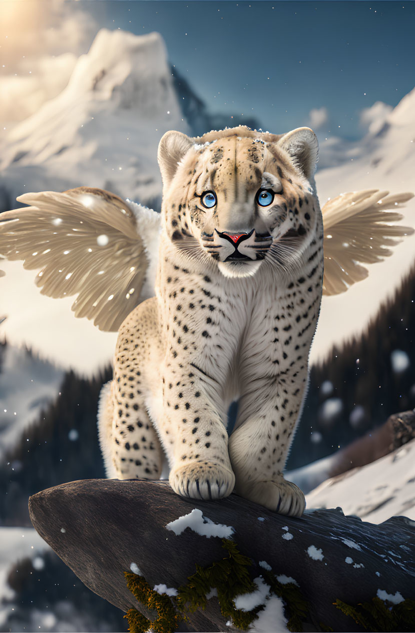 Snow leopard-bodied creature with eagle wings on branch in snowy mountain scene