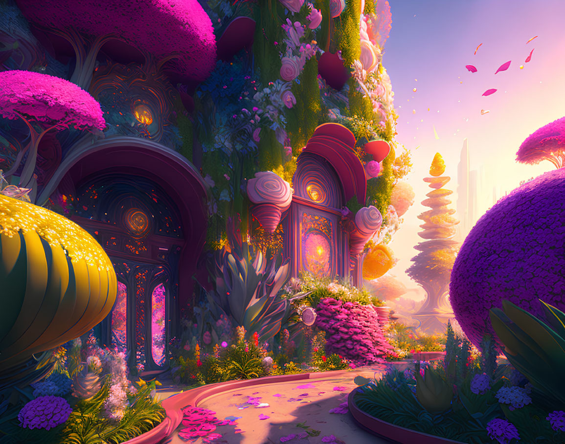 Fantastical landscape with glowing doorways and whimsical flora