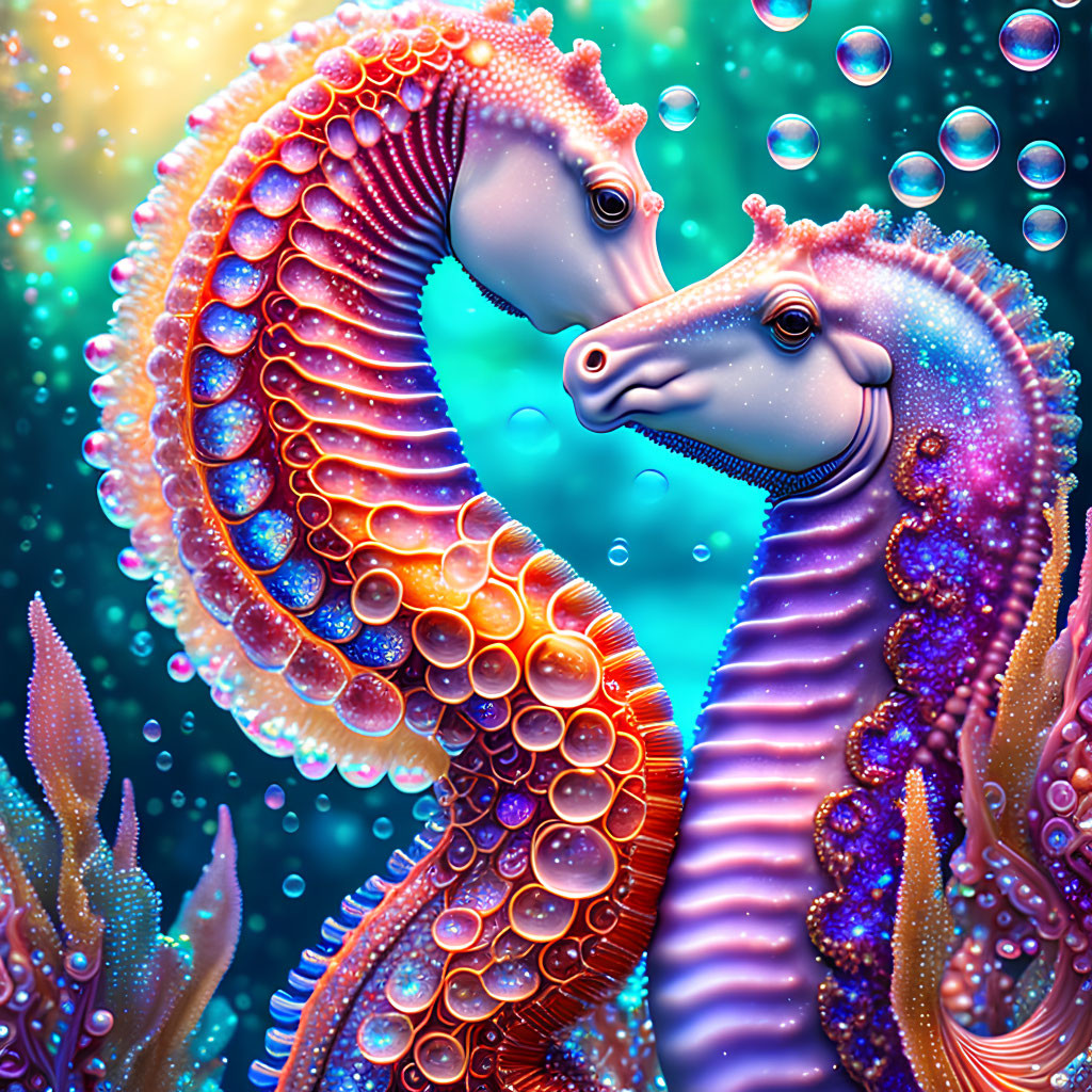 Vibrant, Colorful Seahorses Surrounded by Bubbles and Coral Reef
