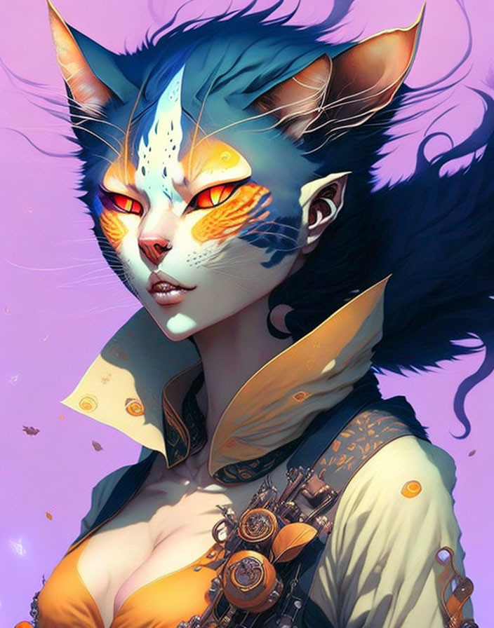 Illustration of cat-like humanoid with orange eyes, blue fur, pointed ears, ornate jewelry &