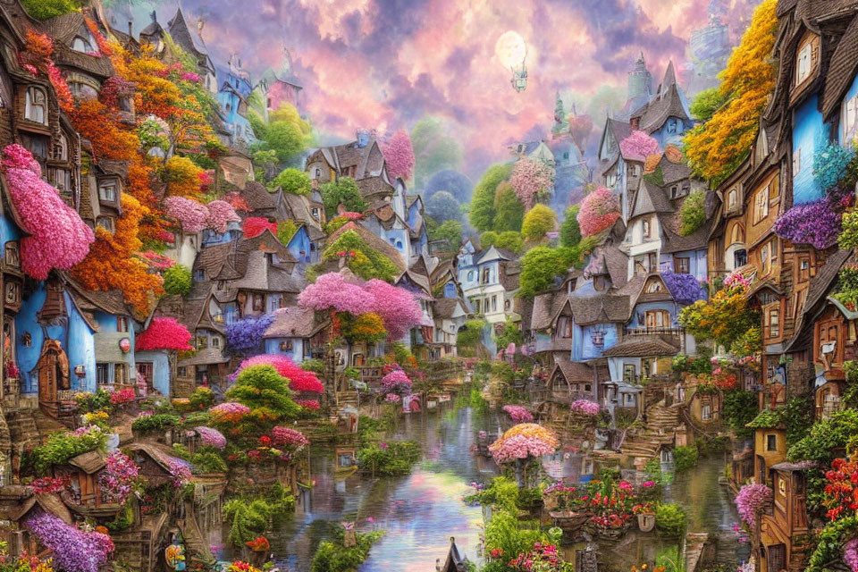 Colorful Blooming Trees and Quaint Houses in a Fairy Tale Village