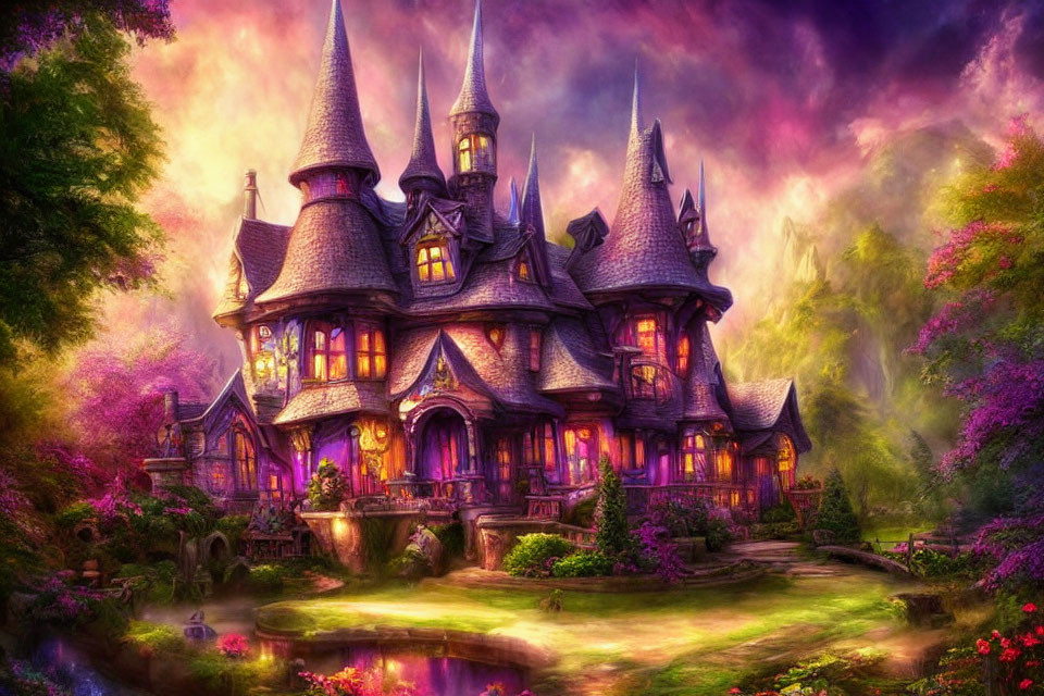 Whimsical castle in enchanted forest under purple sky