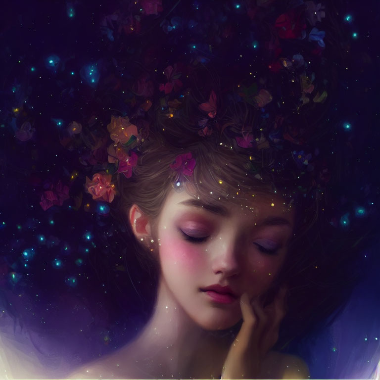 Woman with Flowers and Butterflies in Cosmic Aura